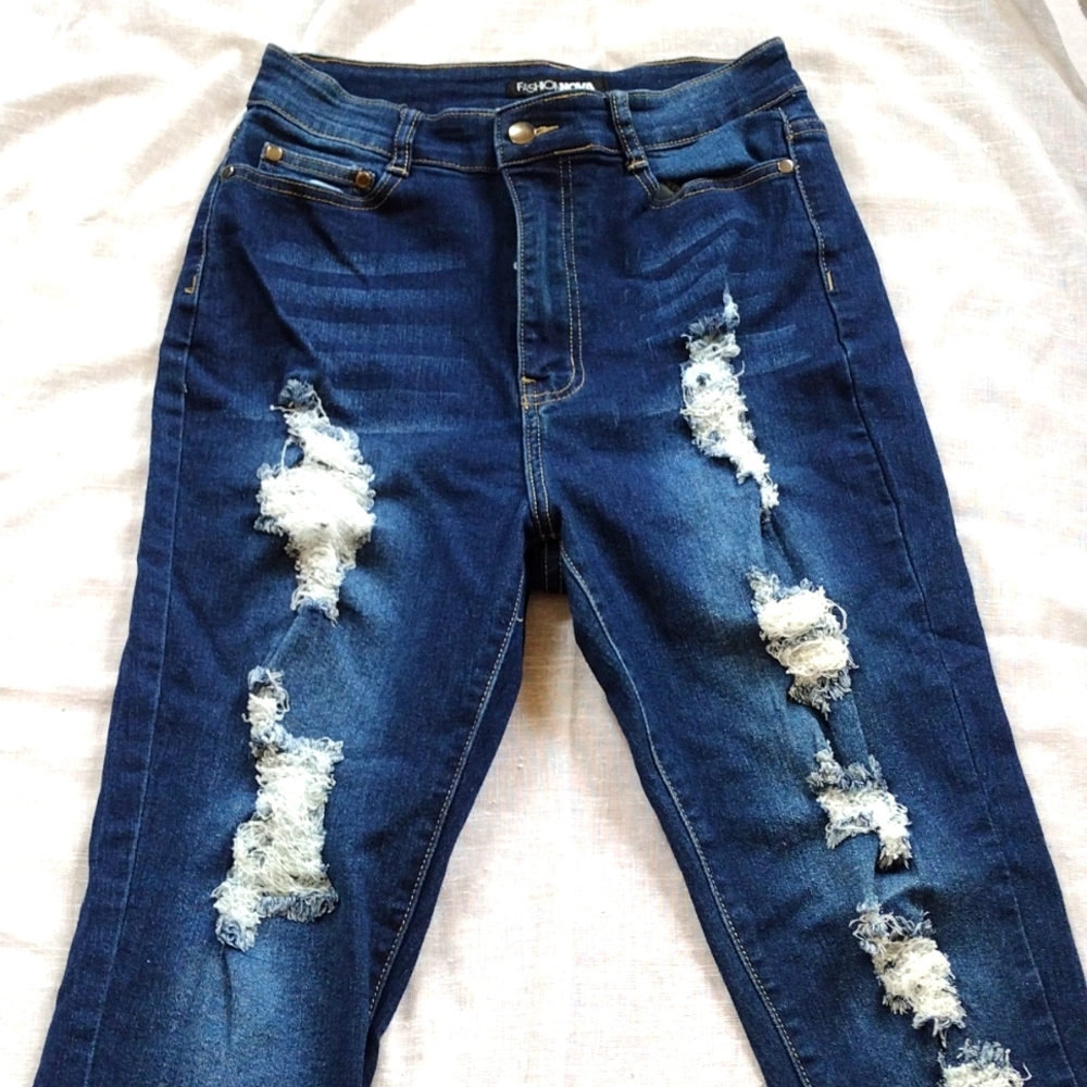 Pre-distressed Blue Fashion Nova High Stretch Jeans